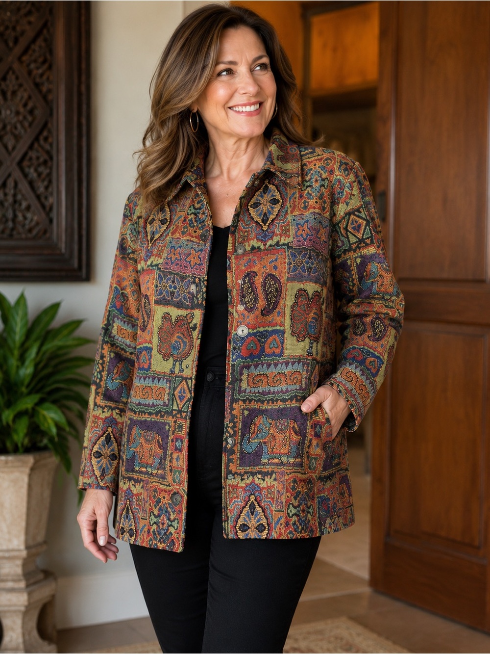 Chico’s 3 Elephant Tapestry Beaded Jacket Art To Wear Boho Maximalist XL